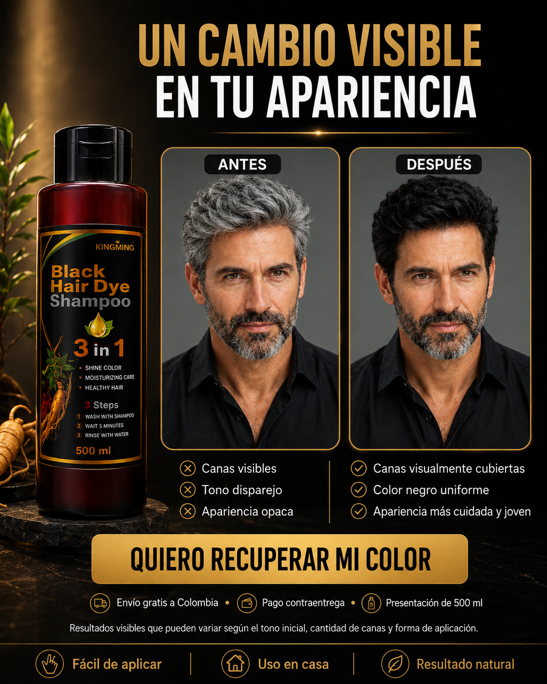 Shampoo Tinte Negro KINGMING 3 en 1