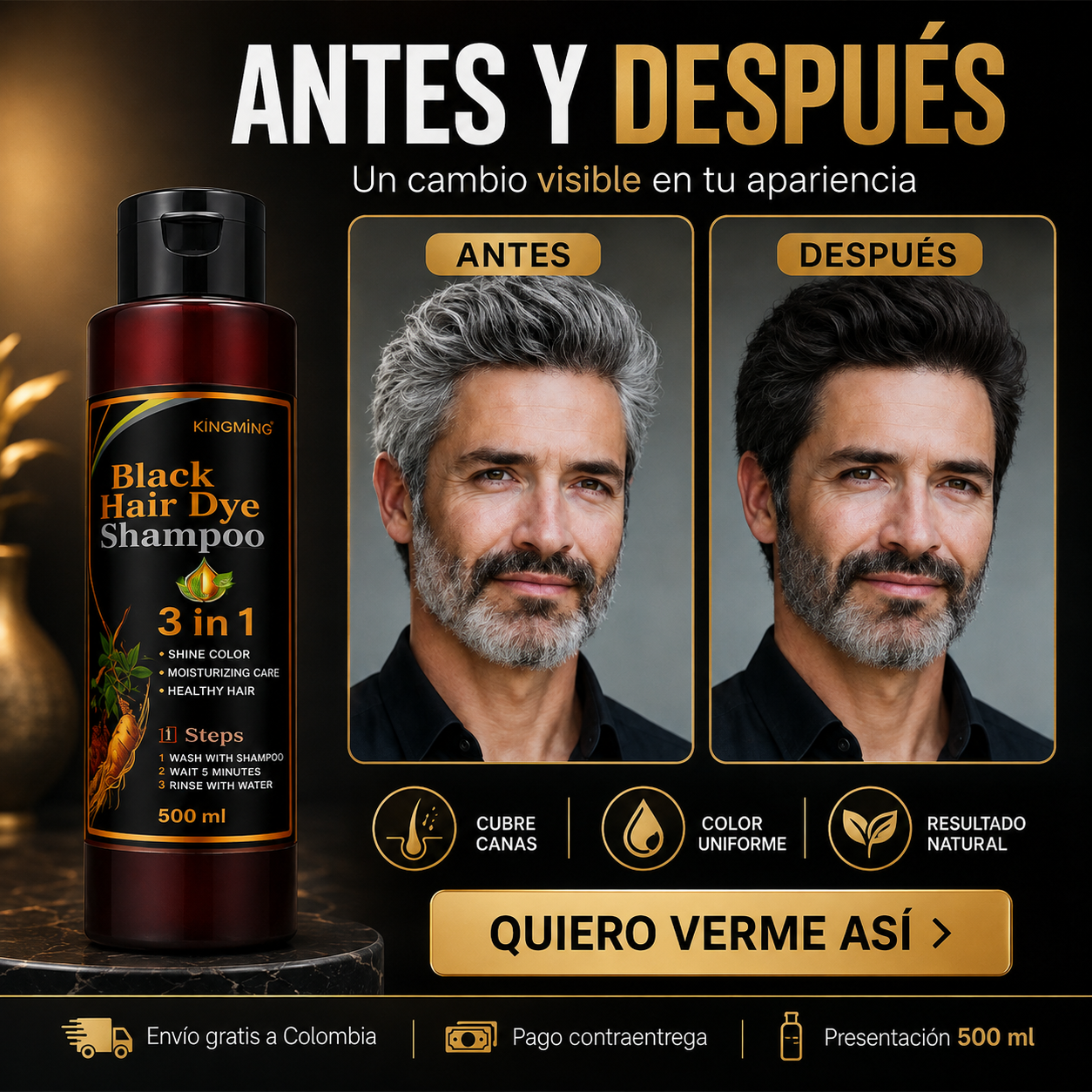 Shampoo Tinte Negro KINGMING 3 en 1