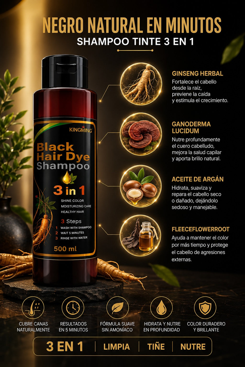 Shampoo Tinte Negro KINGMING 3 en 1