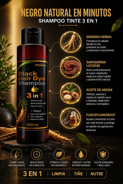 Shampoo Tinte Negro KINGMING 3 en 1